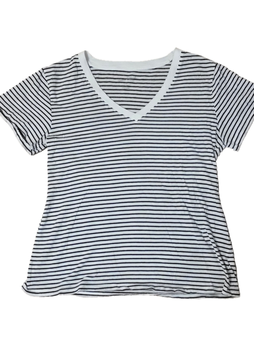 V-Neck Striped Short Sleeve Tee - White & Black